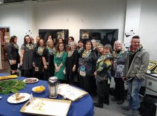 Pictured here are seventeen of our weavers, left to right from the back: Davina Cole, Maria Abbott with baby Lena, Katie Pittman, Carmaleeda Estrada, Laine Rinehart, Selena Beirley, Debra O-Gara, Deanna Lampe, Kay Parker. Front L to R: Kelsey Erickson-Kizer, Karen Taug, Mary Marks, Anastasia Hobson-George, Lead teacher Lily Hope, Pam Credo-Hayes, Leona Santiago, and Ricky Tagaban. Weavers included in the workshop/show but not in attendance: Patrizia Fiorella, Shgen George, Marsha Hotch, Ursala Hudson, Irene Lampe, Crystal Nelson, Nila Rinehart, and Miriah Twitchell. And Clarissa Rizal and Jennie Thlunaut, of course.